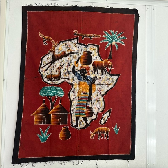 African Wall Art Paint Batik Heritage Tapestry - Vibrant Red and Brown - Picture 1 of 14